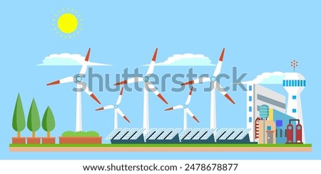 Isometric of city, green energy, electricity, electrical power, wind turbines produced electricity, photovoltaic panels, Solar panels, tree, blue sky, clouds, sunny, clean energy 