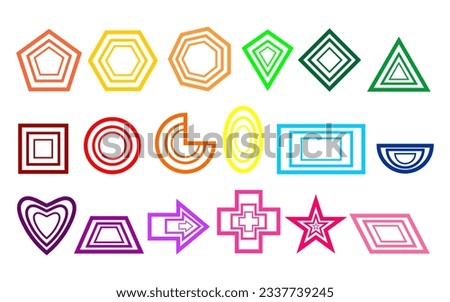 2D basic shapes collection, colorful triple layered outline isolated on plain white background