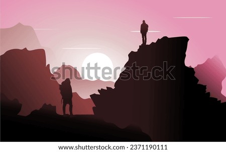 Two Hikers in silhouette standing on the top of mountain with rising sun and dominant pink color background, Vector illustration of mountain climbers.