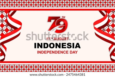 Happy 79th Indonesian Independence Day with logo number 79 and red and white ribbon decorated with traditional Kawung batik, vector illustration