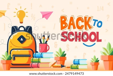 Back to school concept banner illustration. School backpack with stationery and the unique typography Back to school on the bright background. Vector illustration