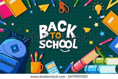 Back to school text vector template. Welcome back to school greeting text with unique typography with educational elements for learning and teaching background. Vector illustration