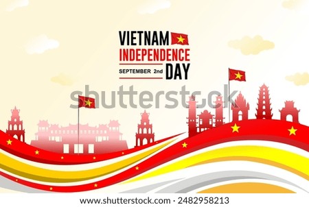 Happy Vietnam Independence Day September 2th Celebration Vector Design Illustration. with the flag and some landmarks of Vietnam. with a yellowish white background. Template for Poster, Banner