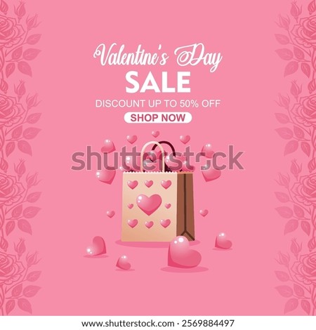 Valentine's Day Sale commercial banner with cute pink glossy hearts and shopping bags filled with hearts. Valentines Day discount banner. Vector illustration.