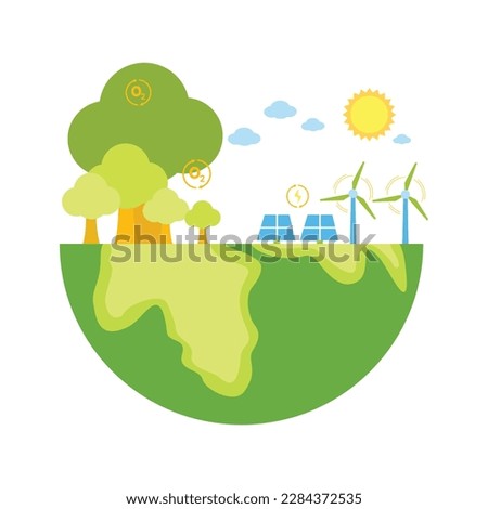 World environment with half globe, tree, sun, cloud and sustainable energy 
