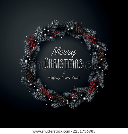 Christmas wreath with red berries and brown spruce cones on dark background. Happy new year and Xmas postcard, holiday party invitation