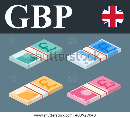 Colorful pound sterling banknotes. Isometric design vector illustration.