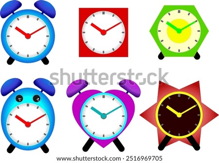 Set of clocks.  Cute alarm clocks in various colors and shapes such as round, oval, square, heart, star and hexagon.