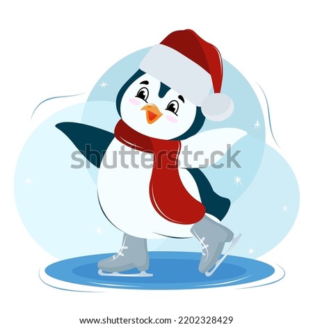 penguin in a hat and scarf skating, winter entertainment, cold 