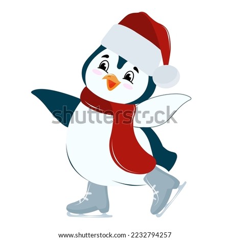 penguin in a hat and scarf skating, winter entertainment, cold 