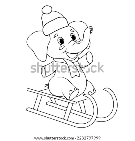baby elephant in a New Year's hat and scarf sledding, winter entertainment, line, sketch 