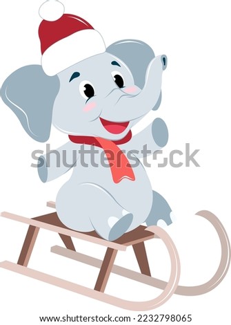 baby elephant in a red New Year's hat and scarf sledding, winter entertainment 