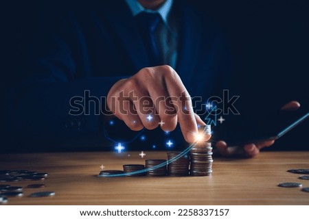Fund trading concept. Businessman planning long-term investments, buying DCA mutual funds, analyzing economic trends, stock market volatility, taking high investment risks. Fund management, coins. Stock fotó © 