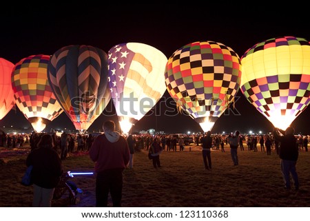 ALBUQUERQUE, NEW MEXICO - OCTOBER 9: Balloons glow during the morning glow event on October 9, 2010 in Albuquerque,New Mexico.Albuquerque balloon fiesta is the biggest balloon event in the the world.