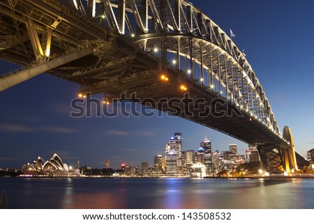 SYDNEY - NOV 26:Night view of Sydney Harbour Bridge in Sydney, Australia on November 26,2011. The Harbour Bridge is the world\'s widest long-span bridge.