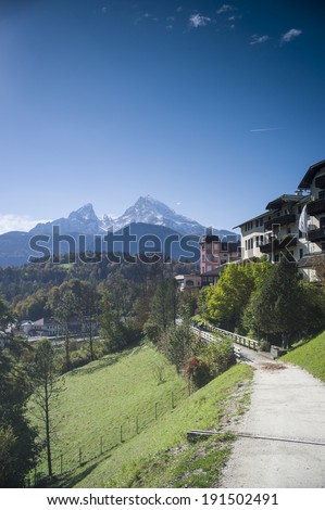 BERCHTESGADEN, GERMANY Ã¢Â?Â? OCT20: The village houses in front of Bavarian Alps in Berchtesgaden, Germany on October 20 2013. It is a famous resort area for German.