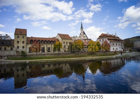 CESKY KRUMLOV, CZECH REPUBLIC - OCT 23: Buildings and river at the UNESCO listed medieval town in the South Bohemian in Cesky Krumlov, Czech Republic on October 23 2013.