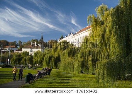 PRAGUE, CZECH REPUBLIC - OCT 24: The buildings in the park near castle on October 24, 2013 in Prague, Czech Republic. Prague received 5.1 million visitors in 2012: Europe's 5th most visited city.