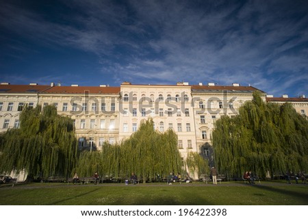 PRAGUE, CZECH REPUBLIC - OCT 24: The buildings in the park near castle on October 24, 2013 in Prague, Czech Republic. Prague received 5.1 million visitors in 2012: Europe\'s 5th most visited city.