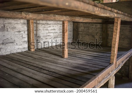 OSWIECIM, POLAND - OCT 29: A row of bunk beds at a concentration camp memorial site on October 29, 2013 in Oswiecim, Poland