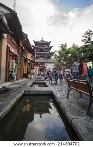 DALI, CHINA - MAY14 : Old buildings and streets located in Dali Old City, Yunnan, China on May 14 2014. Dali is now a major tourist destination for domestic and international tourists.