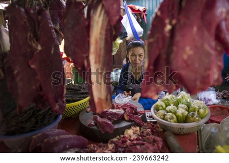 PHNOM PENH, CAMBODIA - NOV 17: The local meat seller in Toul Tom Poung Market, Phnom Penh, Cambodia on November 17 2014. It is also called Russian Market which is a good place for souvenirs.