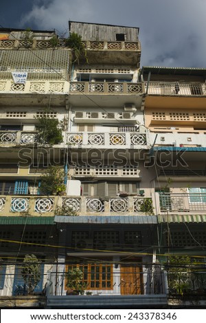 PHNOM PENH, CAMBODIA - NOV 17: Residential building in downtown viewed from the busy street in Phnom Penh, Cambodia on November 17 2014.