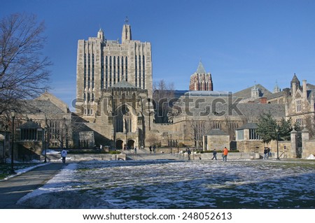 NEW HAVEN, CT - DEC 20: View of the central campus of Yale University, one of the most elegant Ivy League schools, with the Sterling Library at the left side in New Haven, CT on December 20 2006.