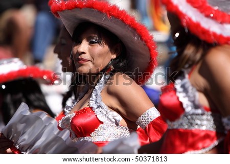 ORURO - FEBRUARY 13: A group of folkloric dancer dressed up for the Oruro Carnival  February 13, 2010 in Oruro, Bolivia. Oruro Carnival is one of the biggest carnival in South America