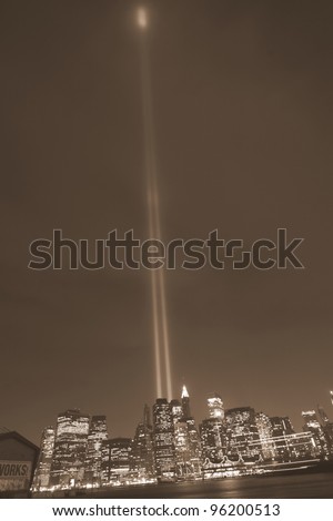 NEW YORK - SEPTEMBER 11: Light beams are lit at the site in memory of World Trade Center destroyed  on September 11, 2007 in New York, NY.