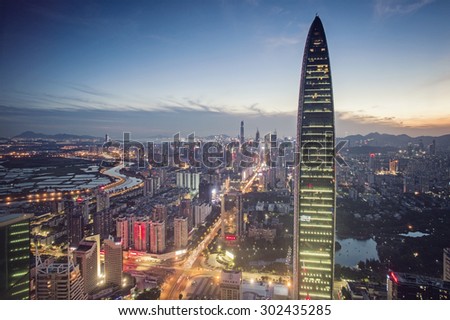 SHENZHEN, CHINA - MAY 2: The beautiful Shenzhen skyline at dusk on May 2 2015 in Shenzhen, China.