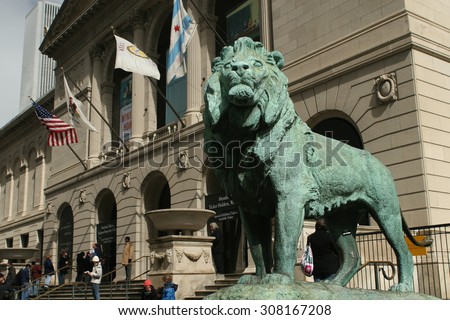 CHICAGO, ILLINOIS - MAR 24: The lion statue and the Art Institute of Chicago has one of the world\'s most notable collections of Impressionist  art, on March 24, 2008 in Chicago, Illinois, USA.