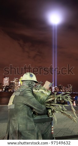 NEW YORK - SEPTEMBER 11: Light beams are lit at the site in memory of World Trade Center and the victims on September 11, 2008 in New York, NY.