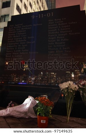 NEW YORK - SEPTEMBER 11: Light beams are lit at the site in memory of World Trade Center and the victims on September 11, 2008 in New York, NY.