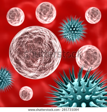 Virus under microscope; swine flu; bird flu; epidemic; bacteria; infection. High resolution 3d render.