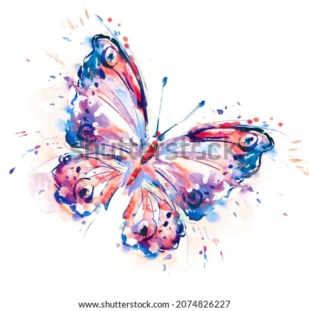 Trendy bright watercolor butterfly. Hand drawn illustration isolated on white background. Expressive drawing, abstract, neon colors, art. Purple, pink wings.For poster, banner, romantic,