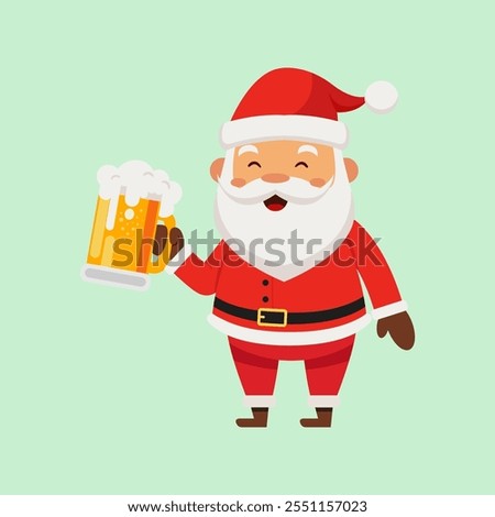 merry christmas and happy new year with cute santa claus drinking alcohol beer in the winter season green background, flat vector illustration cartoon character costume design