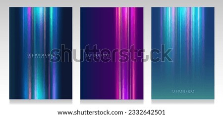 Colorful lights cover set. Strips of neon ray on gradient background. Abstract glowing effect. 