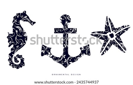 Silhouettes decorated with Victorian ornaments and curls. Seahorse, anchor and starfish: symbols, logo idea, elegant designs for luxury composition.