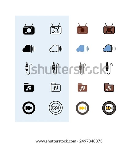 radio, sound cloud, jack, music folder, next button, Audio, Music and Sound Line Icon Set