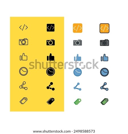 coding, camera, like, clock, share, sale, Web and App Icon Set