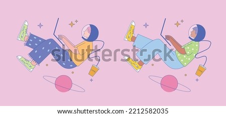 A woman and a man are levitating in space with a laptop. Space suit helmet connected by a tube to a glass of coffee. Vector color flat illustration.