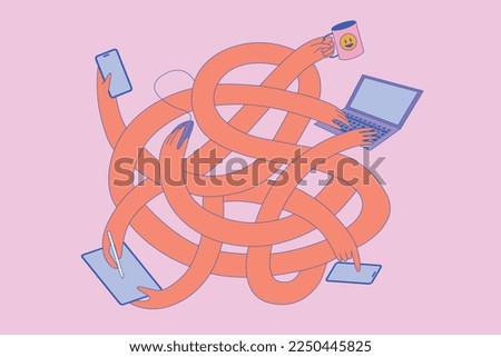 Long tangled hands with devices