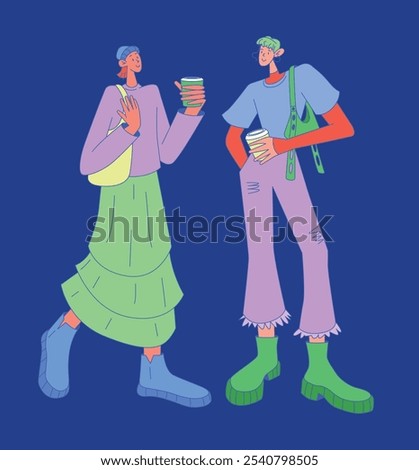 Vector flat illustration of two young women with coffee. Characters with fashionable outfits, casual style, cheerful expressions, urban setting, bright colors, friendship, social interaction.