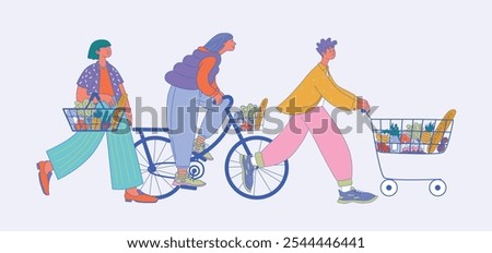 Flat Vector Illustration Characters with grocery baskets, bike basket, and shopping cart filled with Groceries isolated. Three Characters in casual clothing walking with fresh produce.