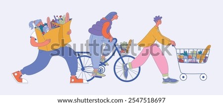 Flat Vector Illustration Characters with grocery bags, bicycle basket, and shopping cart filled with Groceries isolated. Three Characters walking with fresh produce in a casual, colorful scene.