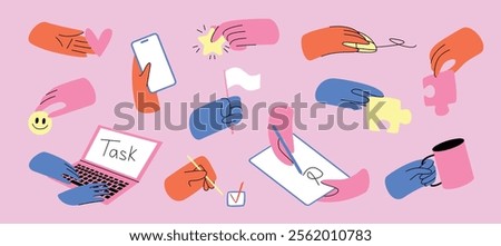 Set of Colorful Hands Holding Various Objects and Devices. Includes Phone, Flag, Puzzle, Heart, Laptop, Mug, Smiley Face. Gestures for Writing, Clicking, Holding. Isolated Elements. Flat Illustration