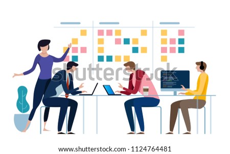 Agile business team of programmer working and make some planning on the scrum board. Whiteboard and process teamwork, scheme methodology. Vector illustration flat