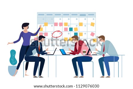 Company business team working together planning and scheduling their operations agenda on a big spring desk calendar. Drawing circle mark and sticky notes. Flat style vector illustration