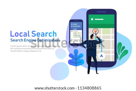 local search marketing ecommerce. concept of mobile location SEO search engine optimization. large phone with business man holding magnifying glass. vector illustration flat